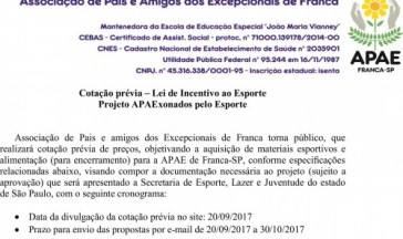 Cotação prévia – Lei de Incentivo ao Esporte Projeto APAExonados pelo Esporte